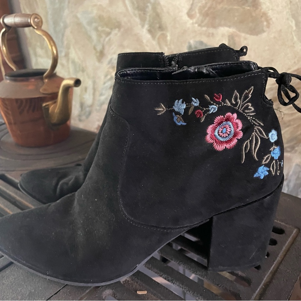 Black and Pink Floral Embroidered Ankle Booties